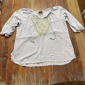 MULTIPLES Light Blue Geometric Print Green Embroidered Top Large Lightweight